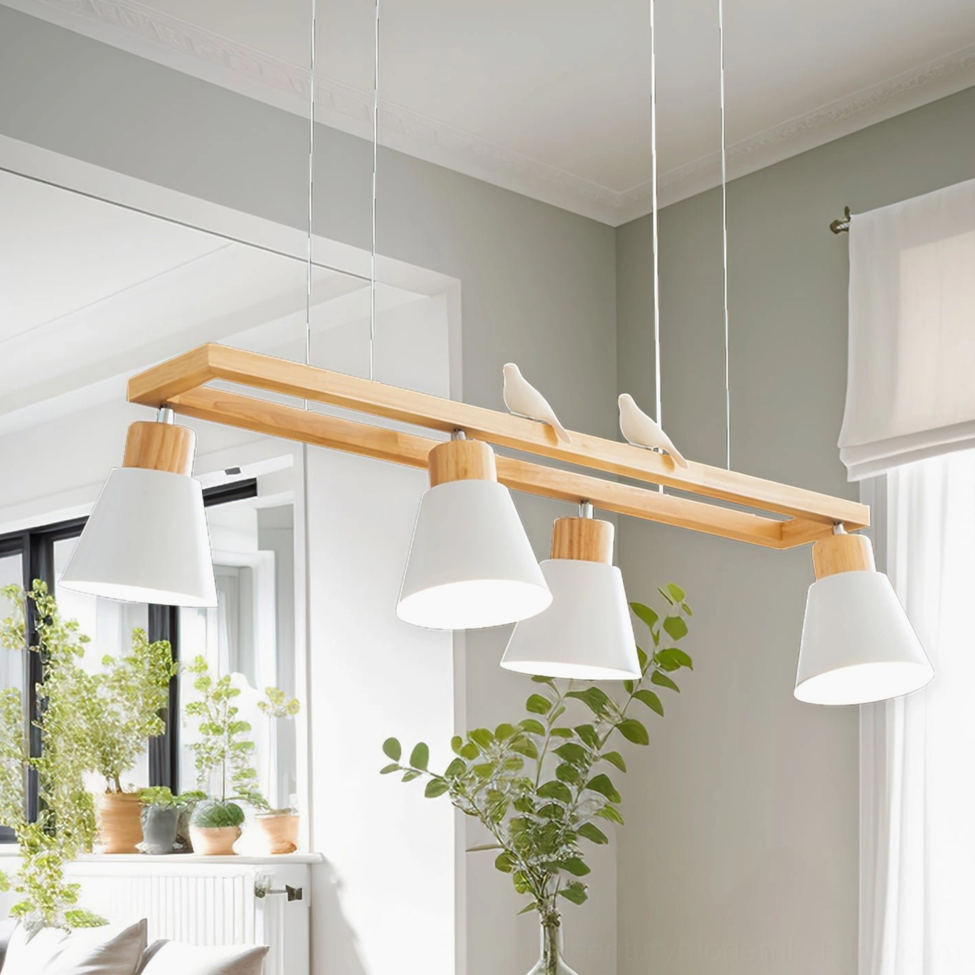 Linear wooden cone pendant chandelier illuminating bright home space with decorative plants and mirrors