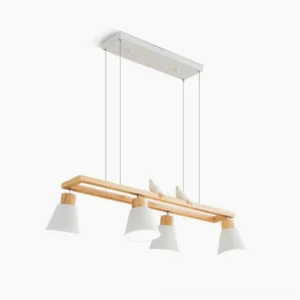 Mid-century modern 4-head wooden cone pendant chandelier in natural wood finish with metal frame, overhead studio view