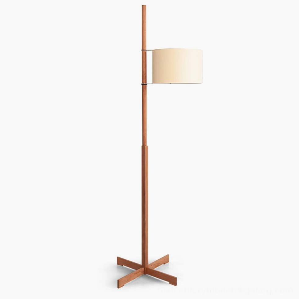Scandinavian wooden cross-base floor lamp with beige fabric shade, front studio view