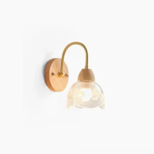 Wooden floral wall sconce with curved brass arm and etched glass shade, mid-century modern design