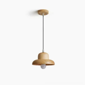 Natural wood pendant lamp front view with double-layer mushroom design and exposed bulb on white background