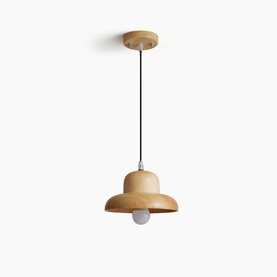 Natural wood pendant lamp front view with double-layer mushroom design and exposed bulb on white background