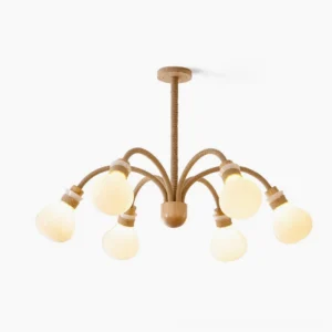 6-light wooden rope chandelier with frosted globe bulbs and hand-wrapped hemp rope arms on white studio background