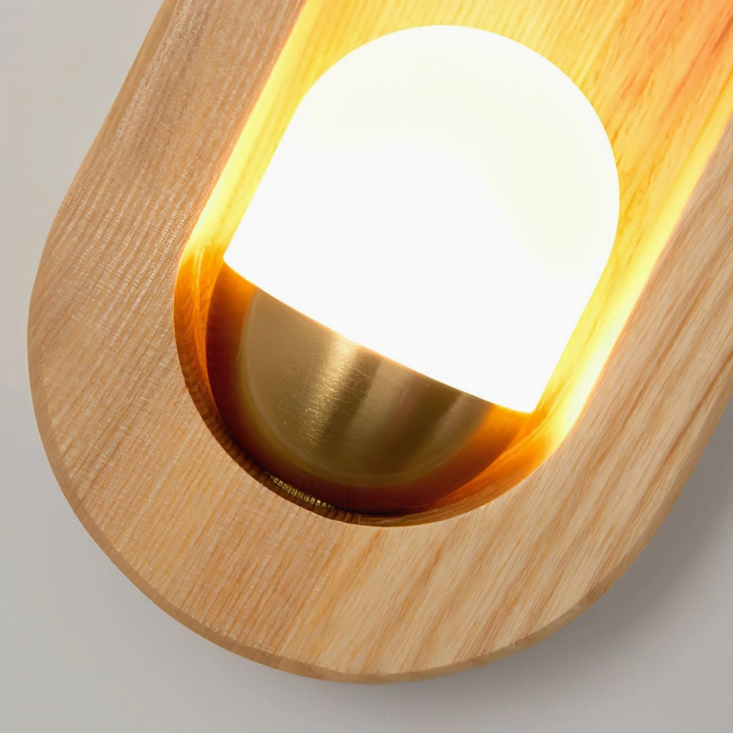 Wooden wall lamp mounted in modern bedroom corner, paired with minimalist décor and natural materials