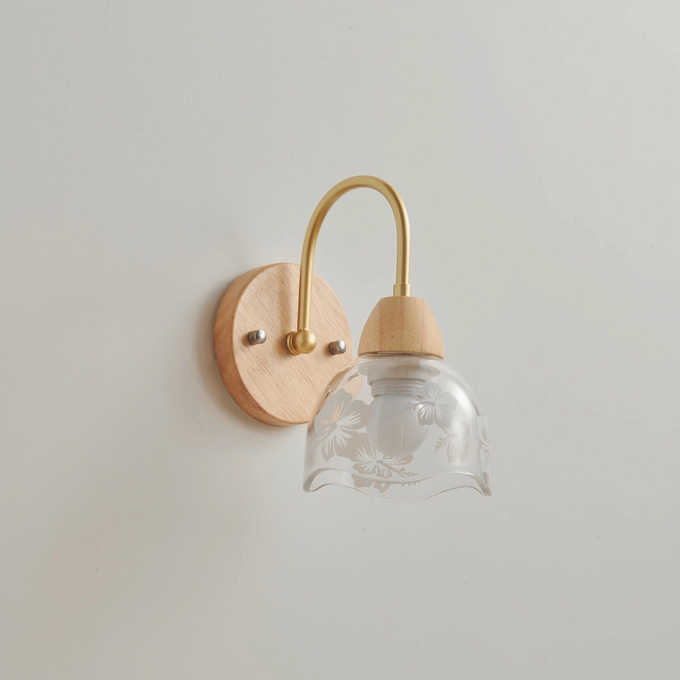 Armed wall lamp model variation showing wooden construction and glass shade assembly