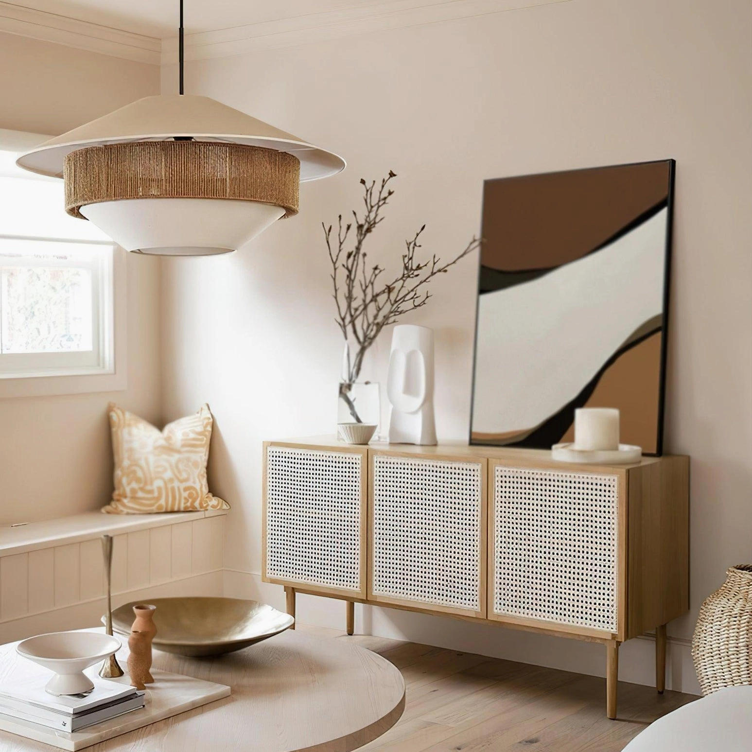 Mixed woven pendant light in cozy lounge area with sideboard and abstract wall art, earth tones