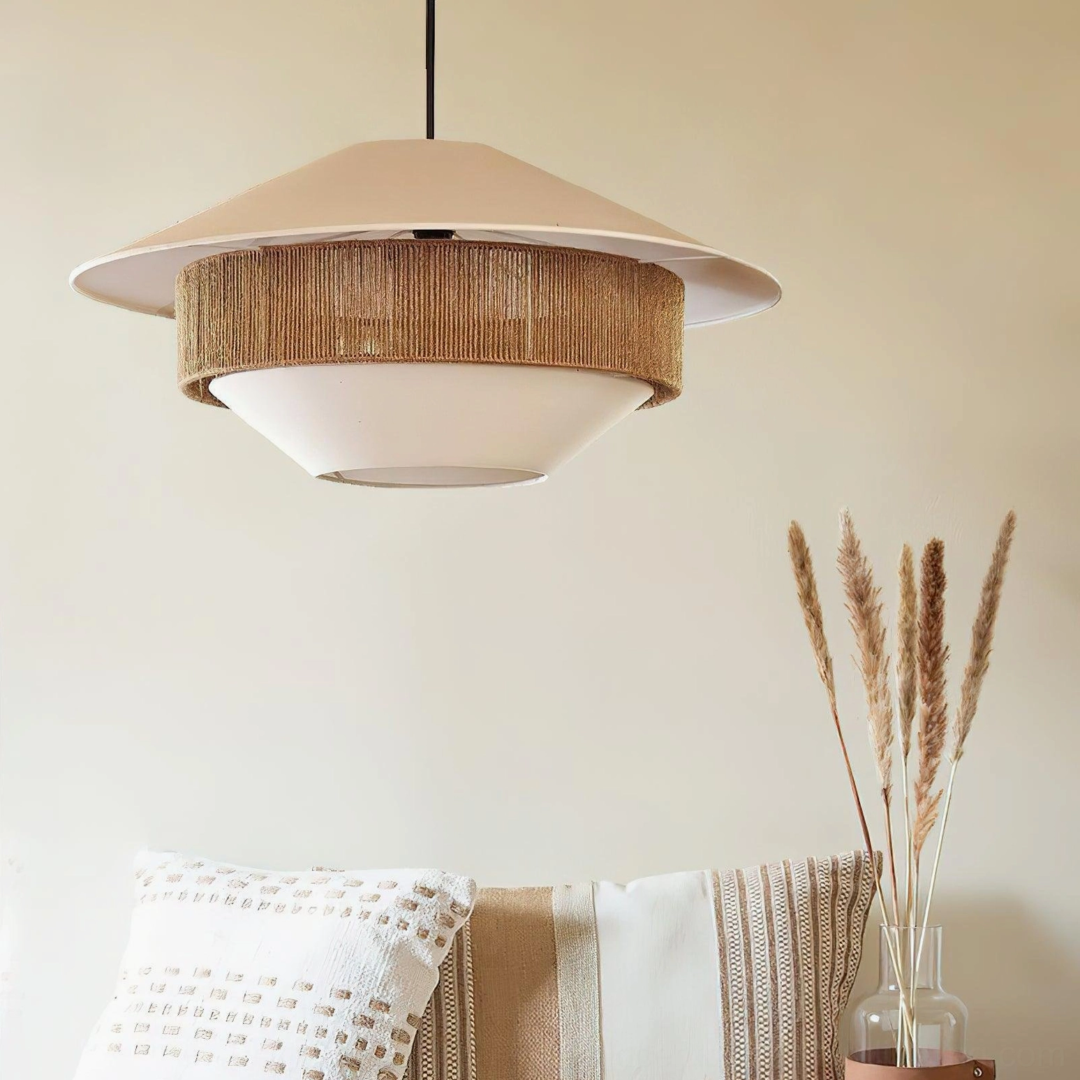 Close-up detail of mixed woven pendant light showing braided rattan trim and matte fabric finish