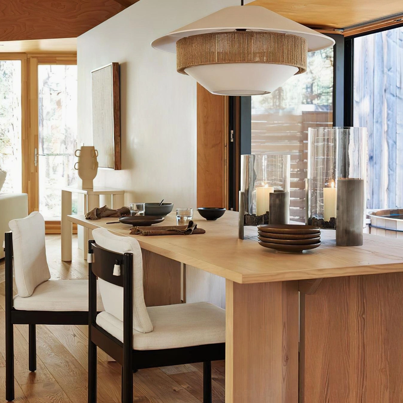 Natural rattan and fabric pendant light in wooden dining room with tableware and candle décor