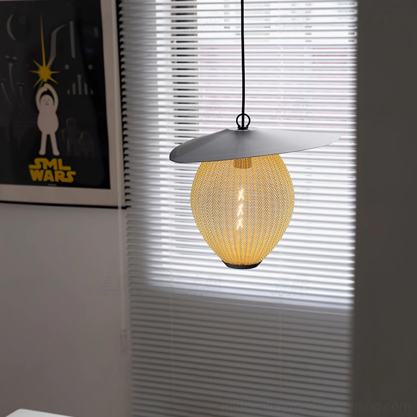 Yellow Satellite pendant light side view with vintage poster and window blinds