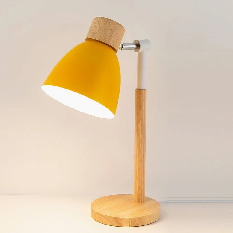 Yellow shade Scandinavian wood table lamp with adjustable rotating metal shade, side three-quarter view showcasing articulated design