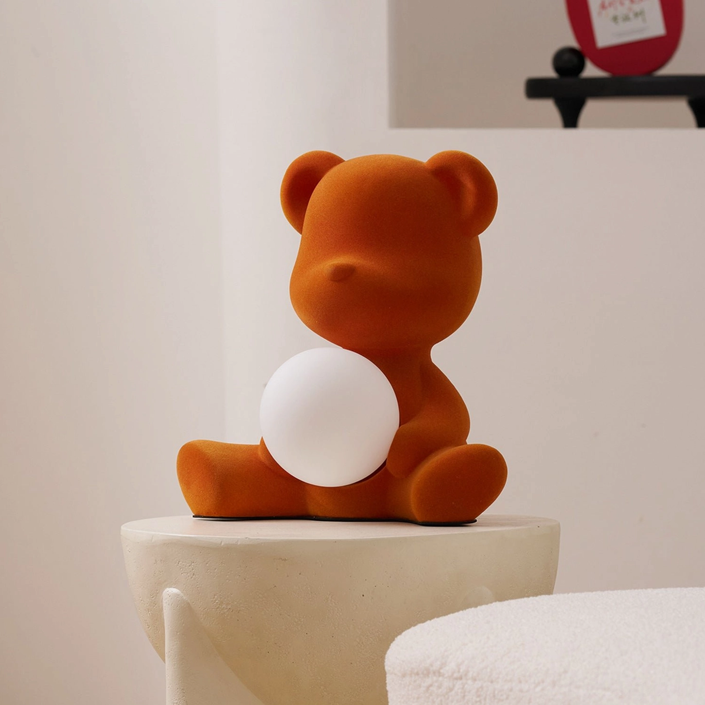 Yellow flocked teddy table lamp detailed close-up of surface texture and finish
