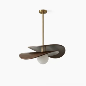 Zane walnut mid-century modern pendant light with twisted wood structure and hand-blown opal glass globe, front oblique view on white background