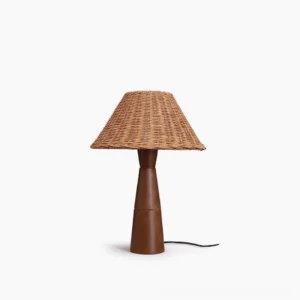 Zaya rattan table lamp with walnut wood base on white background, front view showcasing natural weave pattern