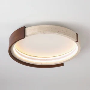 Close-up detail of Zenova ceiling light showing LED glowing two-layer design with travertine stone and walnut wood trim