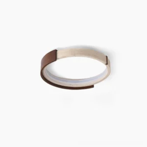 Zenova travertine and walnut wood ceiling light flat overhead view on white background showing dual-tone wabi-sabi ring design