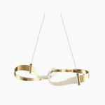 Zephyr LED linear chandelier with hand-bent acrylic and heat-textured steel frame in gold finish against white studio background
