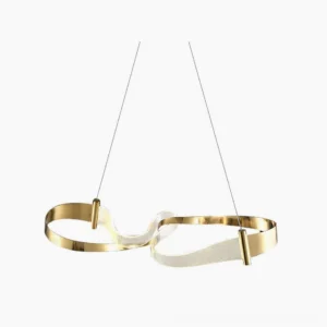 Zephyr LED linear chandelier with hand-bent acrylic and heat-textured steel frame in gold finish against white studio background
