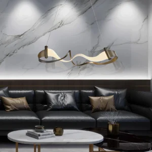 Modern minimalist living room featuring Zephyr LED linear chandelier suspended above seating area with luxury contemporary decor