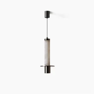 Zigrina alabaster pendant light front view with white alabaster cylinder and black metal fixture on neutral background