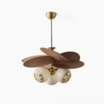 Zinnia Flora chandelier front view studio shot with mosaic shell globes and natural raffia petal discs