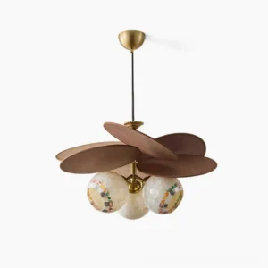 Zinnia Flora chandelier front view studio shot with mosaic shell globes and natural raffia petal discs