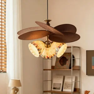 Three-quarter view of Zinnia Flora multi-light fixture in retro study setting with bookshelf