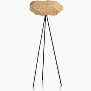 Zofia natural rattan tripod floor lamp with black metal frame, minimalist bohemian design on white studio background