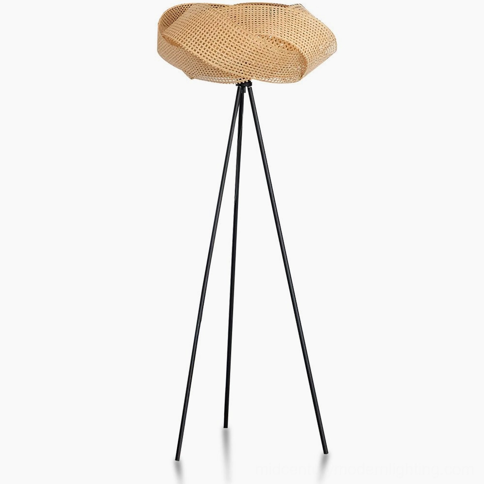 Zofia natural rattan tripod floor lamp with black metal frame, minimalist bohemian design on white studio background