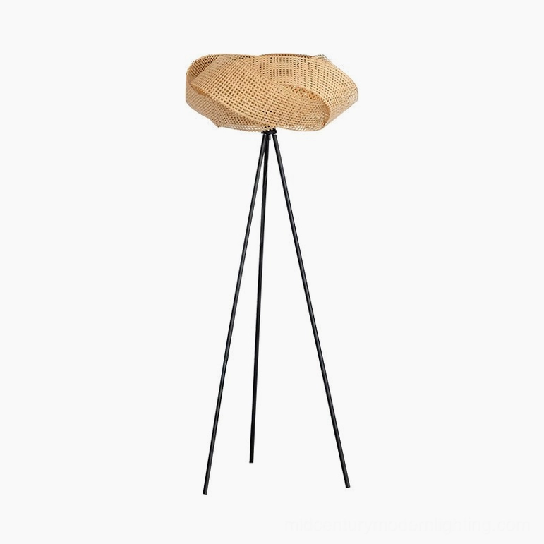 Zofia rattan tripod floor lamp, natural rattan shade and matte black metal frame, complete product view with all components