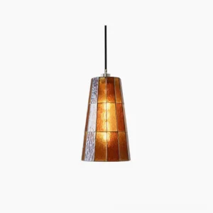Zola geometric glass pendant lamp with tapered amber-brown stained glass shade and slender metal frame, frontal studio view