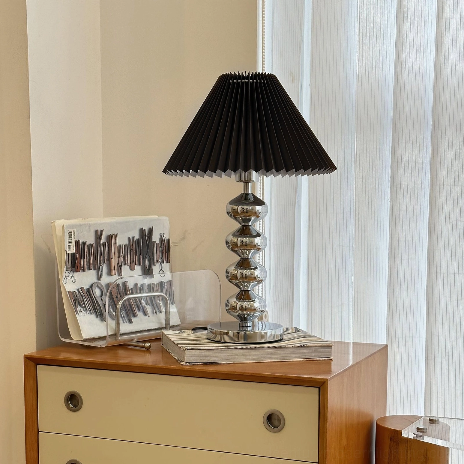 Zuma black pleated table lamp minimalist design on bedroom dresser tabletop