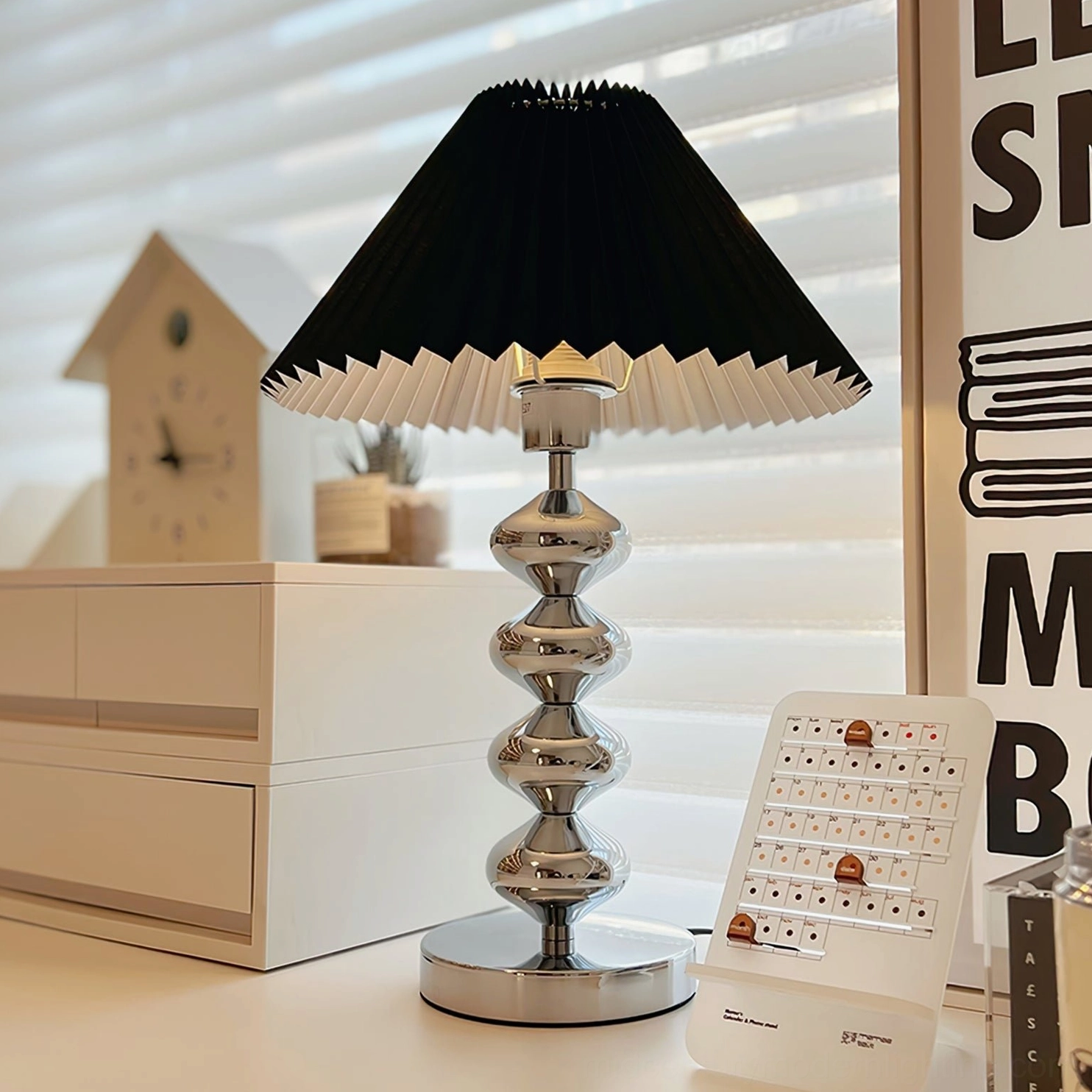 Zuma black pleated table lamp low frontal bedroom dresser vintage modern chrome