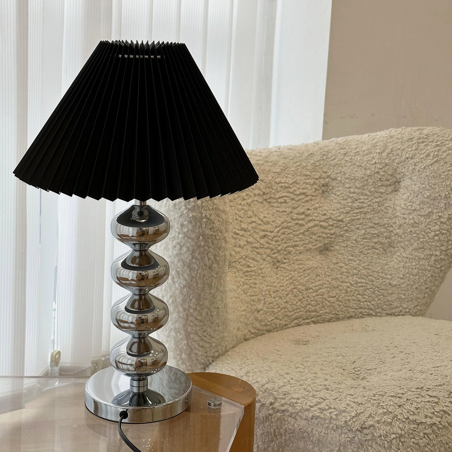 Zuma black pleated table lamp living room velvet chair styling glam minimalist