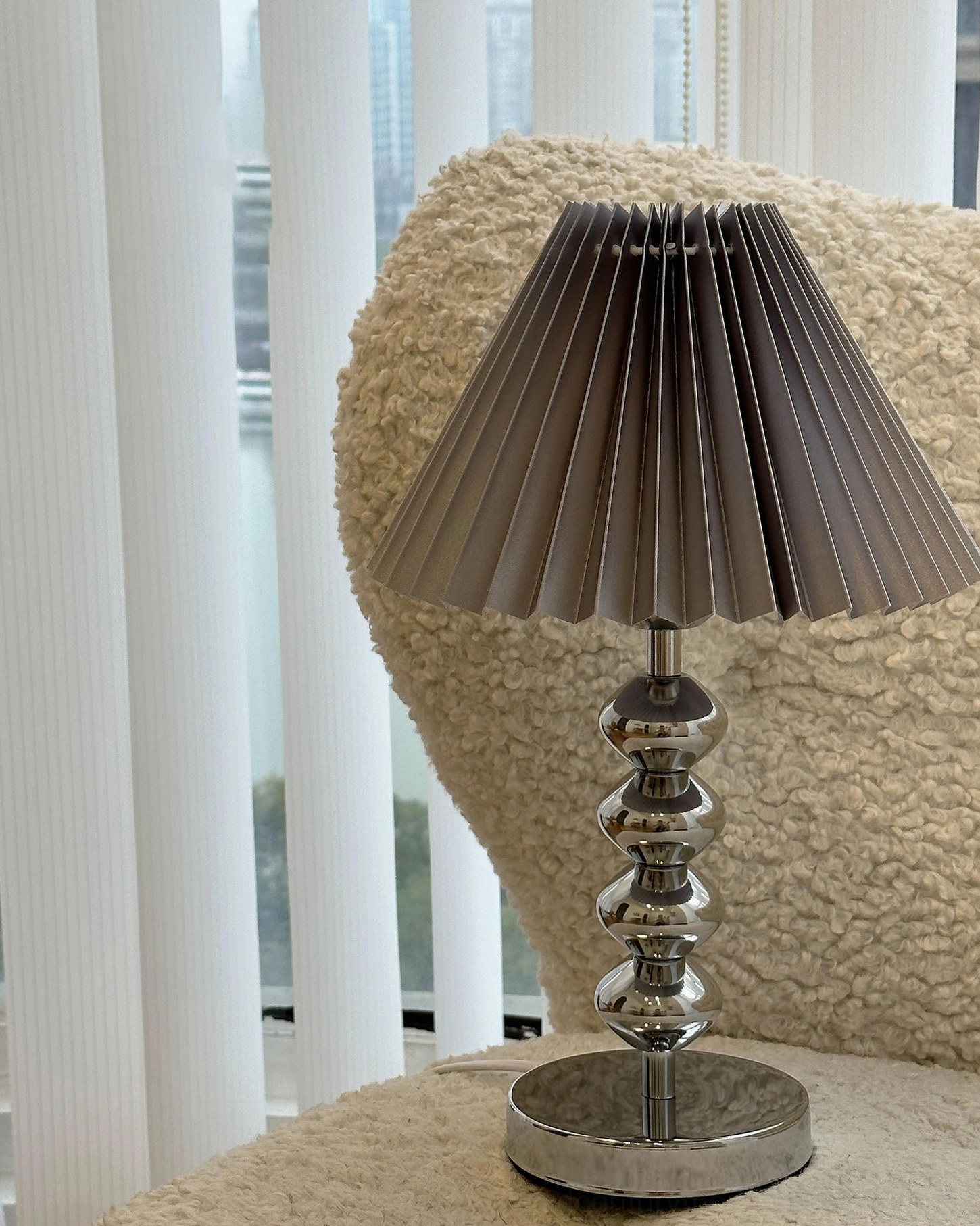 Zuma mid-century modern table lamp detail shot pleated fabric shade texture