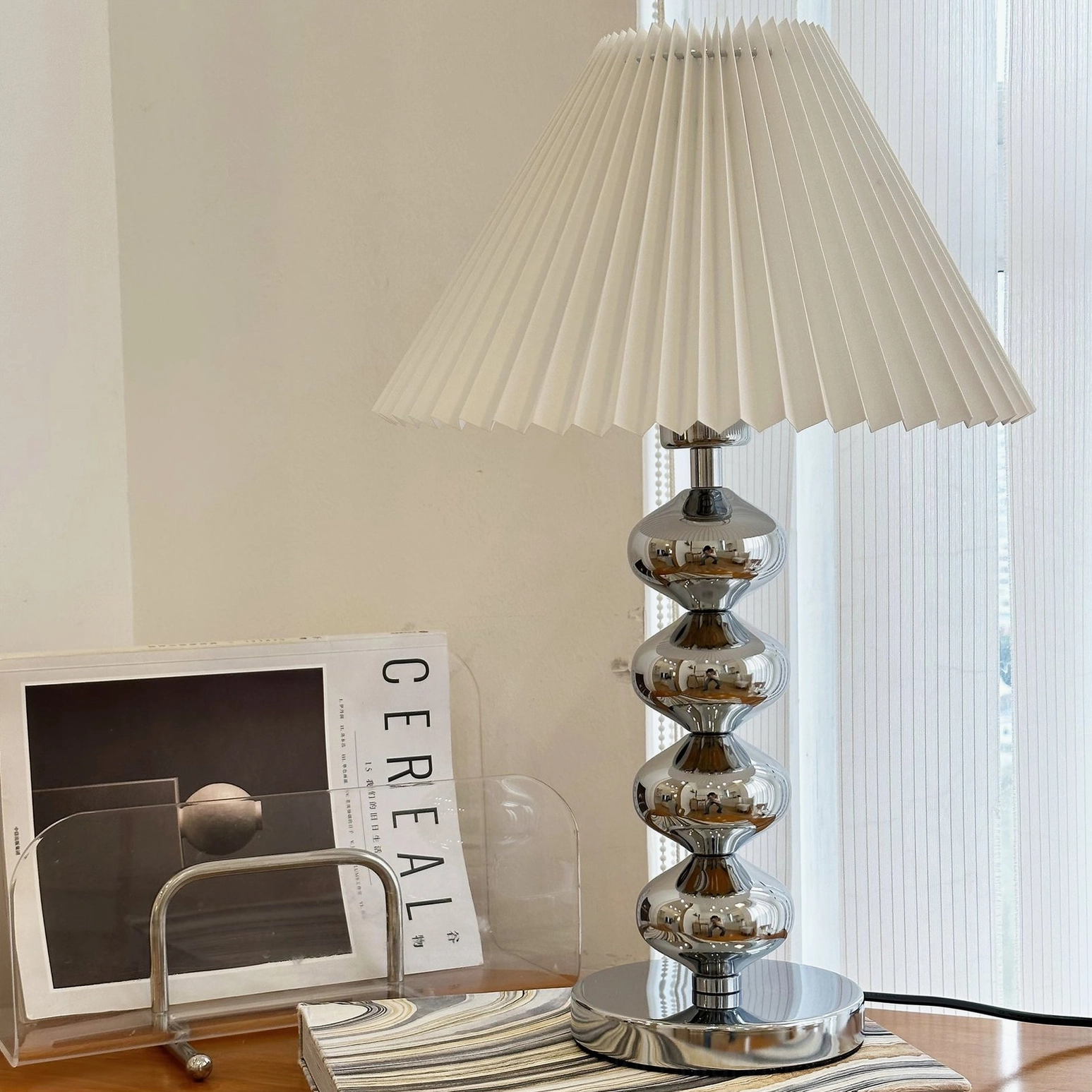 Zuma white pleated shade table lamp home office desk setup side view eye-level